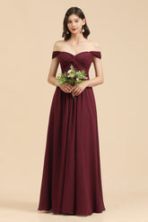 New Arrival A-line Off-the-shoulder Sweetheart Burgundy Long Bridesmaid Dresses